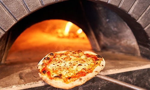 pizza in an oven
