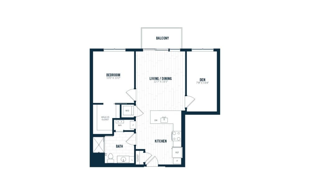 B9 Den - 1 bedroom floorplan layout with 1 bathroom and 688 - 844 square feet B9 Den - 1 bedroom floorplan layout with 1 bathroom and 688 - 844 square feet